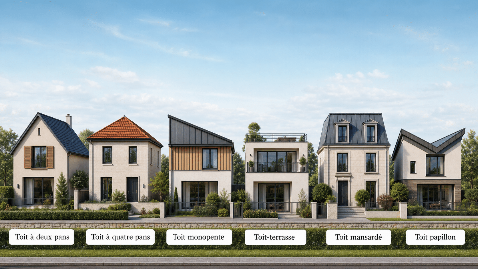 Six maisons illustrant un toit à deux pans, à quatre pans, monopente, terrasse, mansardé et papillon