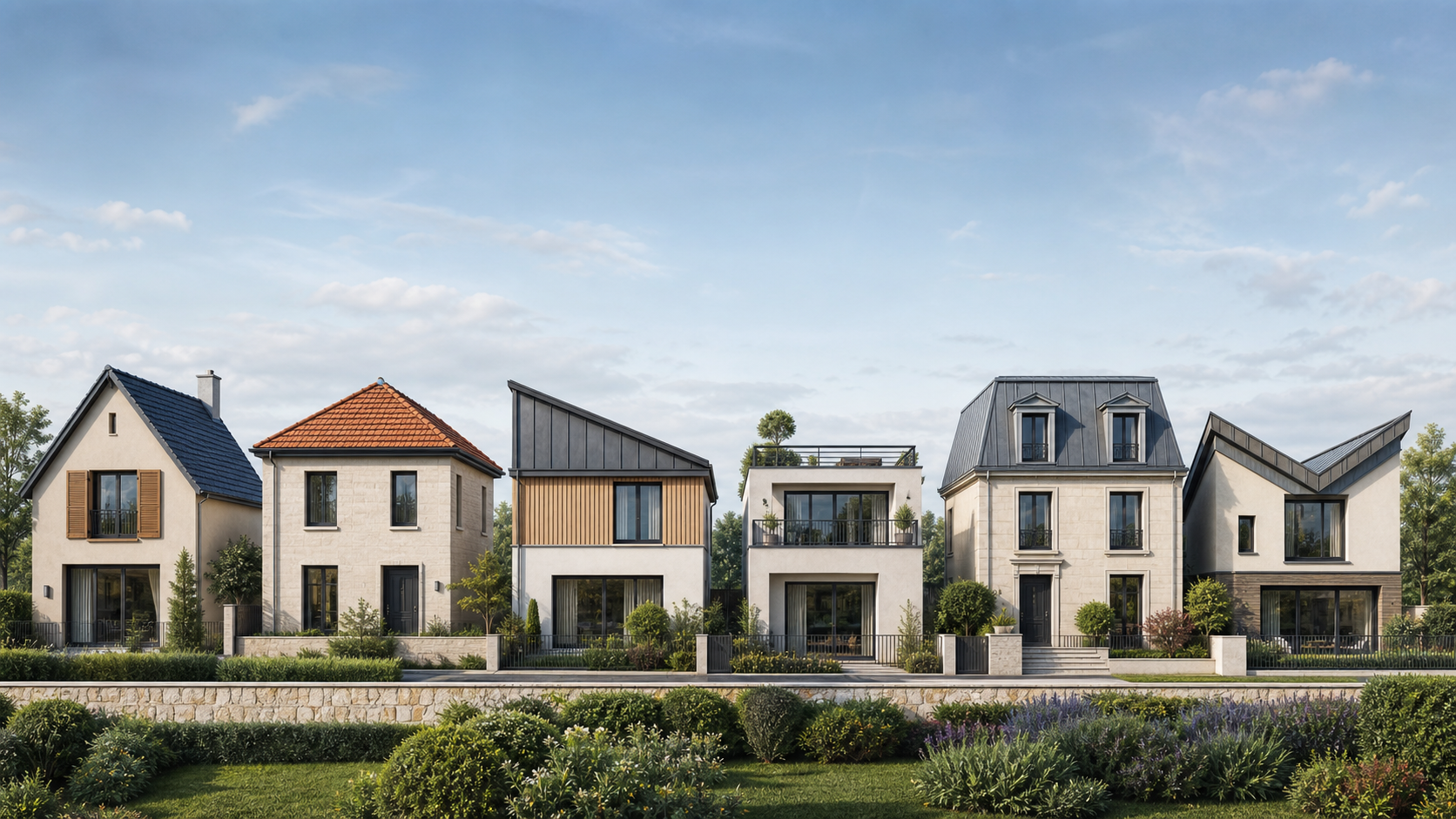 Six maisons illustrant un toit à deux pans, à quatre pans, monopente, terrasse, mansardé et à deux pans inversés
