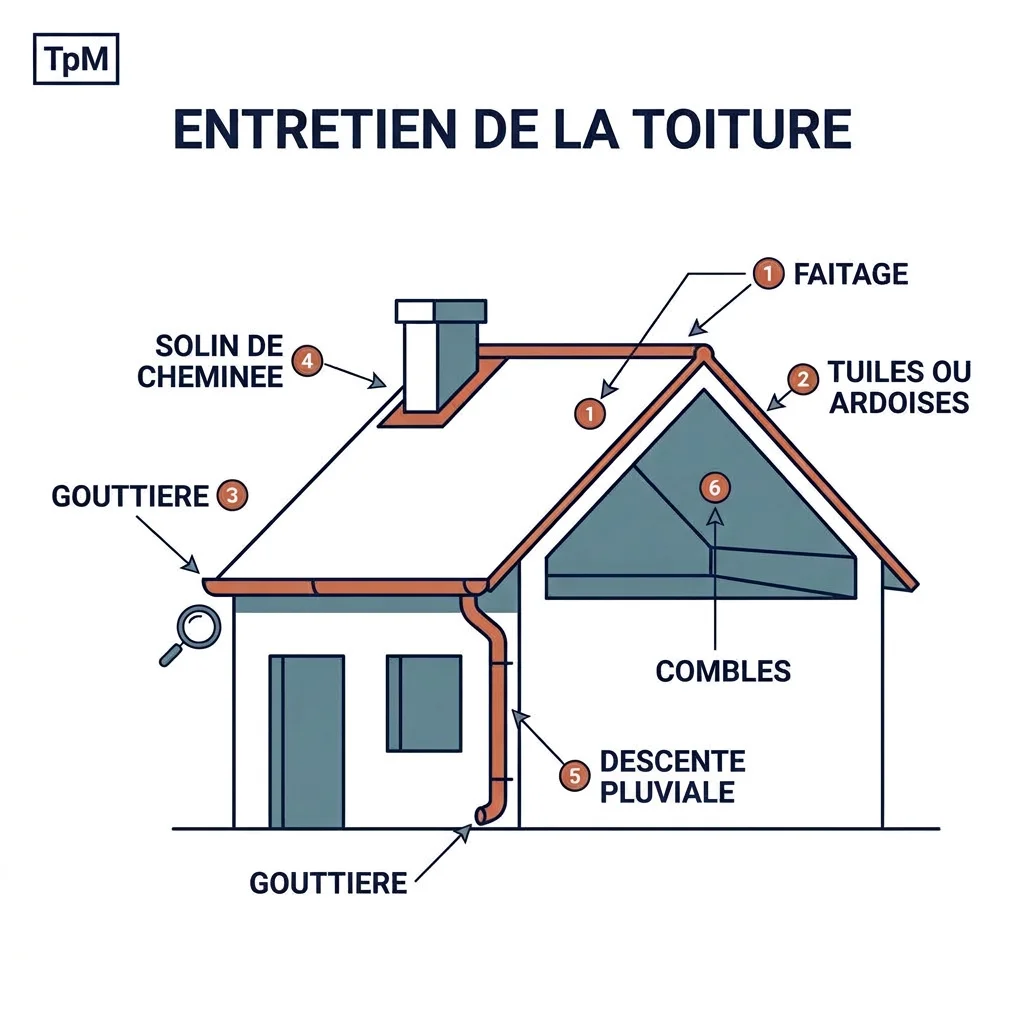 Schéma des points de contrôle d'une toiture : faîtage, rives, gouttières, solins et combles
