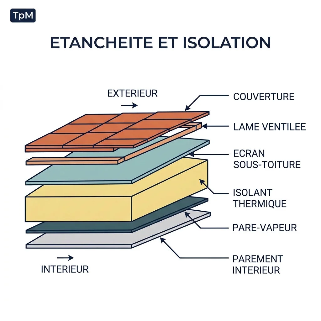 Schéma en coupe des couches d'une toiture : couverture, lame ventilée, écran sous-toiture, isolant, pare-vapeur et parement intérieur