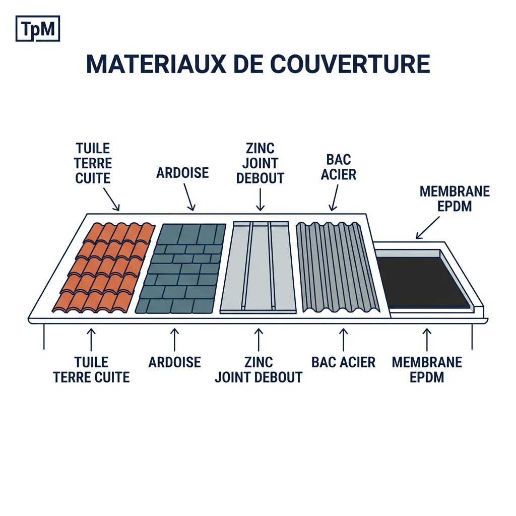 Schéma comparatif des matériaux de couverture : tuile, ardoise, zinc, bac acier et membrane