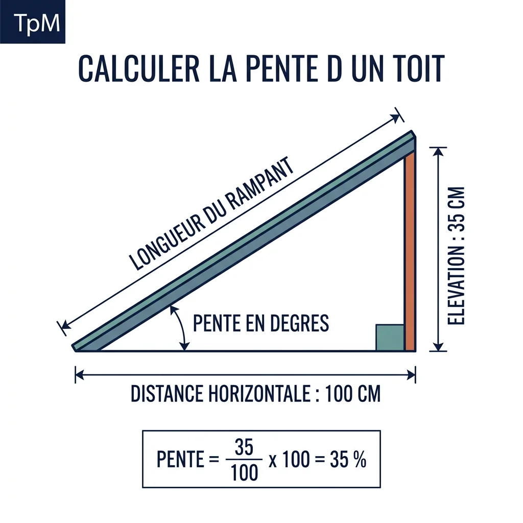 Schéma de calcul de la pente d'une toiture : distance horizontale, élévation et pourcentage