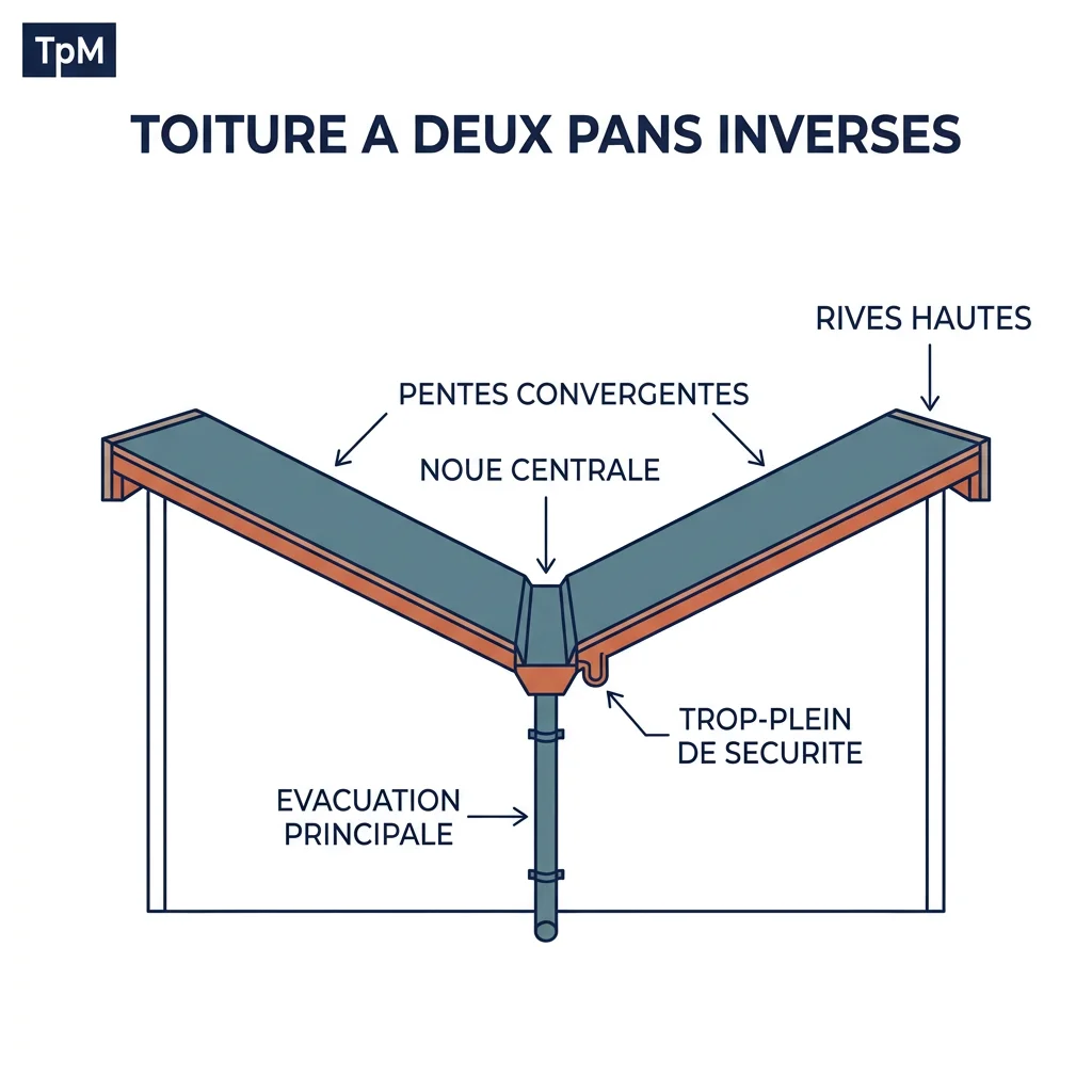 Schéma d'une toiture à deux pans inversés (toit papillon) : deux versants convergeant vers une noue centrale et un chéneau