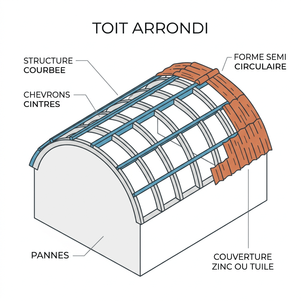 Schéma d'un toit arrondi : structure courbée, chevrons cintrés et couverture zinc ou tuile