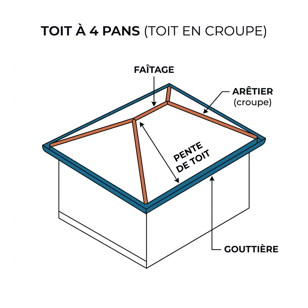 Schéma d'un toit à 4 pans (toit en croupe) : faîtage et arêtier : faîtage, arêtier et pente de toit