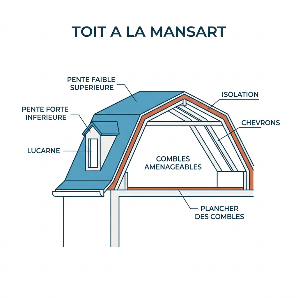 Schéma d'un toit à la Mansart : pente brisée et combles aménageables : pente brisée, lucarne et combles aménageables