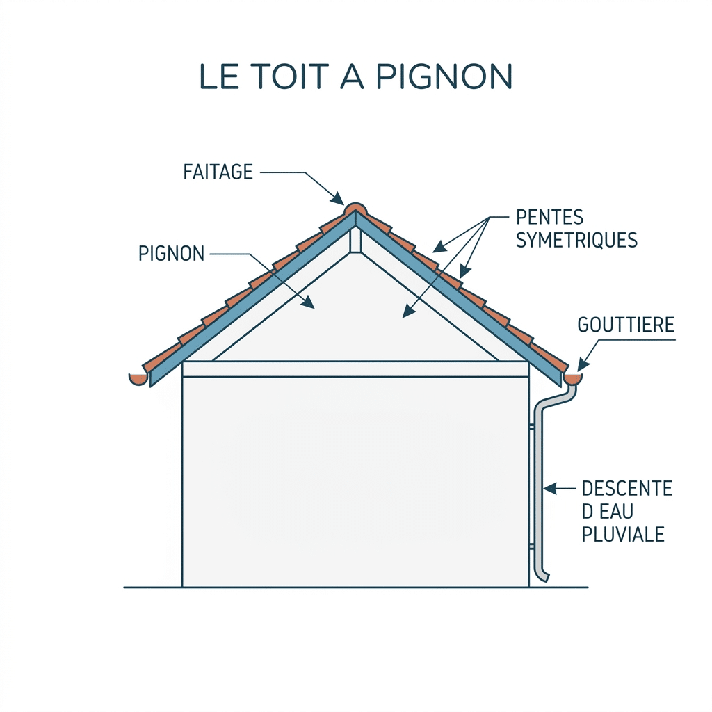 Schéma d'un toit à pignon : faîtage, pignon et gouttière : pentes symétriques, faîtage et gouttière