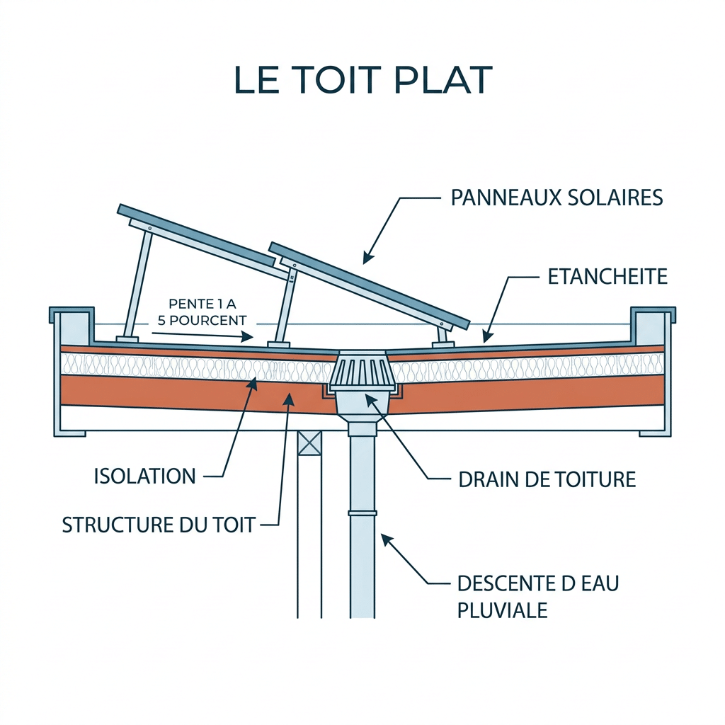 Schéma d'un toit plat : étanchéité, isolation et pente technique de 1 à 5 %