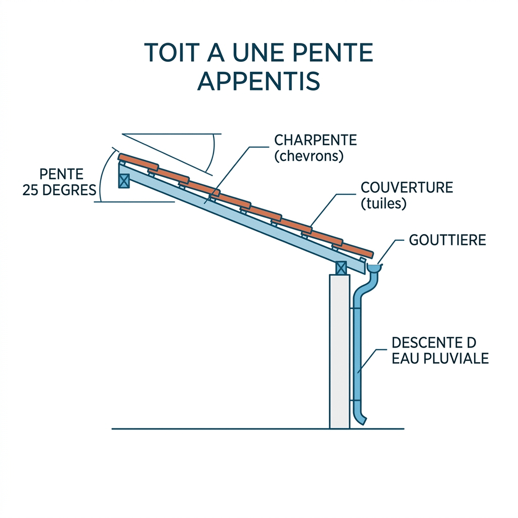 Schéma d'un toit à une pente (toit en appentis) : angle de pente, charpente et gouttière
